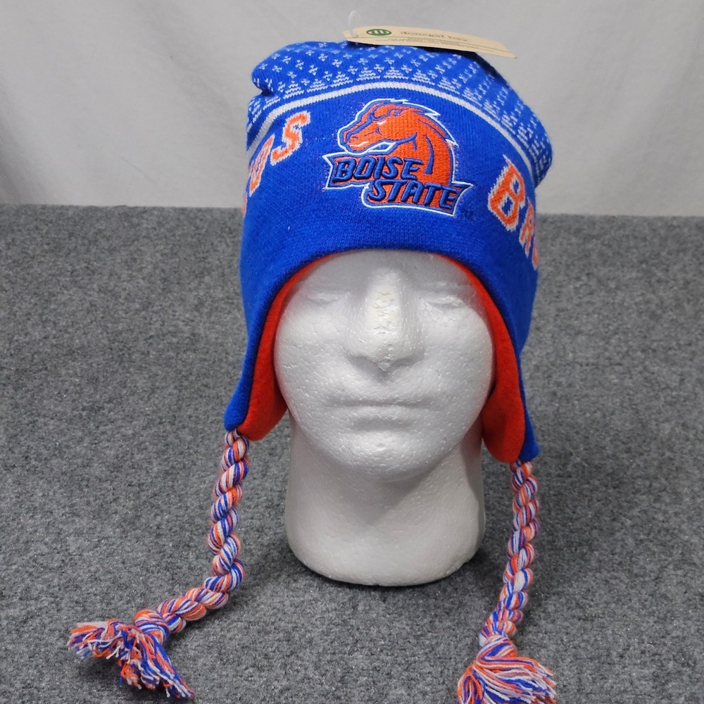 Boise State Broncos Beanie Hat Mens OSFM Blue Orange Earflap Tassels Winter Knit
